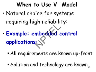 When to Use V Model
• Natural choice for systems
requiring high reliability:
• Example: embedded control
applications:
▪ All requirements are known up-front
▪ Solution and technology are known45
 