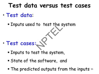 • Test data:
▪ Inputs used to test the system
• Test cases:
▪ Inputs to test the system,
▪ State of the software, and
▪ The predicted outputs from the inputs
Test data versus test cases
53
 