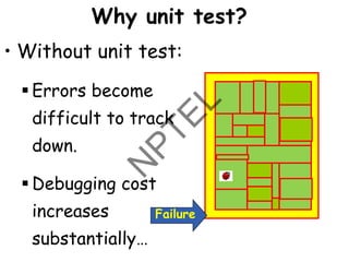 Why unit test?
• Without unit test:
▪ Errors become
difficult to track
down.
▪ Debugging cost
increases
substantially…
Failure
 