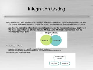 Integration testing 
Integration testing tests integration or interfaces between components, interactions to different parts of 
the system such as an operating system, file system and hardware or interfaces between systems. 
Also after integrating two different components together we do the integration testing. As displayed in 
the image below when two different modules ‘Module A’ and ‘Module B’ are integrated then the 
integration testing is done. 
What is IntegrationTesting 
Integration testing is done by a specific integration tester or test team. 
Integration testing follows two approach known as ‘Top Down’ approach and ‘Bottom Up’ 
approach as shown in the image below: 
 