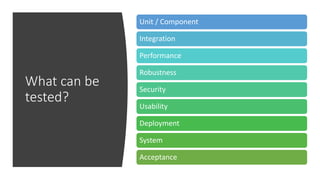 What can be
tested?
Unit / Component
Integration
Performance
Robustness
Security
Usability
Deployment
System
Acceptance
 