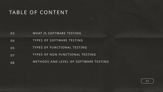 TABL E OF CONT ENT
WHAT IS SOFT WARE T EST I NG
TYPE S OF SOFT WARE T E STI NG
TYPE S OF FUNCTI ONA L T EST I NG
TYPE S OF NON FUNCTI ONAL T EST I NG
MET HODS AND LEV EL OF SOFT WARE T EST I NG
03
04
05
07
08
0 2
 