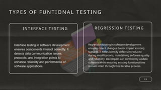 INTERFACE TESTING REGRESSION TESTING
TYPES OF FUNTIONA L TESTING
0 5
Interface testing in software development
ensures components interact correctly. It
detects data communication issues,
protocols, and integration points to
enhance reliability and performance of
software applications.
Regression testing in software development
ensures recent changes do not impact existing
features. It helps identify defects introduced
during modifications, maintaining software quality
and reliability. Developers can confidently update
software while ensuring existing functionalities
remain intact through this iterative process.
 