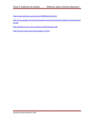 Tema 3: Ambiente de trabajo               Software, tipos y Sistema Operativo



http://www.enterate.unam.mx/artic/2008/abril/art2.html

https://sites.google.com/site/archivosaterriza/practicascomputo/softwareysistemaoperat
ivo.pdf

http://profesores.fi-b.unam.mx/jareyc/LabComping/p3.pdf

http://xml.cie.unam.mx/xml/Linux/glinux-2.html




Osavaldo Murguìa Martìnez 235B
 