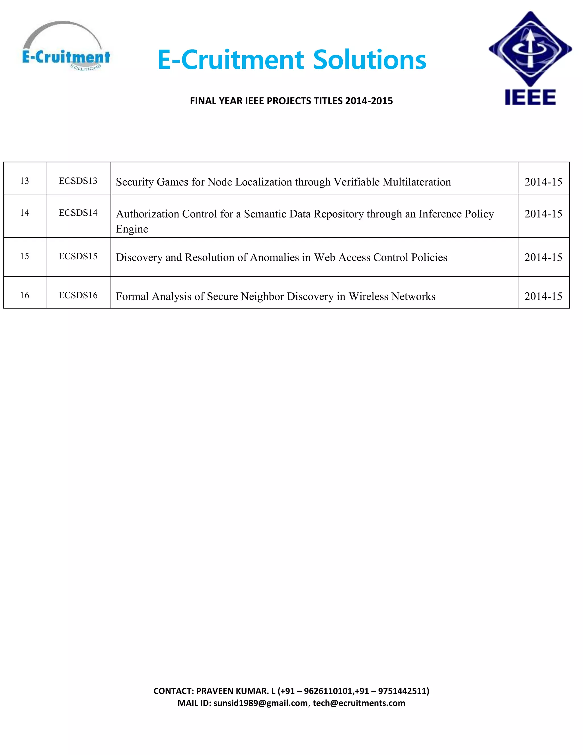 ieee 2014-15 projects titles for java and dotnet | PDF