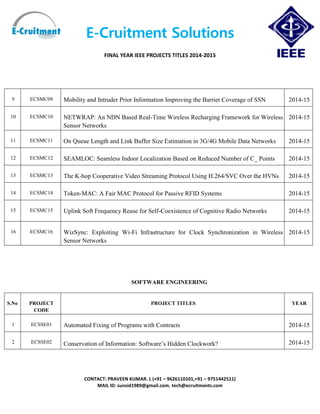 E-Cruitment Solutions
FINAL YEAR IEEE PROJECTS TITLES 2014-2015
CONTACT: PRAVEEN KUMAR. L (+91 – 9626110101,+91 – 9751442511)
MAIL ID: sunsid1989@gmail.com, tech@ecruitments.com
9 ECSMC09 Mobility and Intruder Prior Information Improving the Barrier Coverage of SSN 2014-15
10 ECSMC10 NETWRAP: An NDN Based Real-Time Wireless Recharging Framework for Wireless
Sensor Networks
2014-15
11 ECSMC11 On Queue Length and Link Buffer Size Estimation in 3G/4G Mobile Data Networks 2014-15
12 ECSMC12 SEAMLOC: Seamless Indoor Localization Based on Reduced Number of C_ Points 2014-15
13 ECSMC13 The K-hop Cooperative Video Streaming Protocol Using H.264/SVC Over the HVNs 2014-15
14 ECSMC14 Token-MAC: A Fair MAC Protocol for Passive RFID Systems 2014-15
15 ECSMC15 Uplink Soft Frequency Reuse for Self-Coexistence of Cognitive Radio Networks 2014-15
16 ECSMC16 WizSync: Exploiting Wi-Fi Infrastructure for Clock Synchronization in Wireless
Sensor Networks
2014-15
SOFTWARE ENGINEERING
S.No PROJECT
CODE
PROJECT TITLES YEAR
1 ECSSE01 Automated Fixing of Programs with Contracts 2014-15
2 ECSSE02 Conservation of Information: Software’s Hidden Clockwork? 2014-15
 