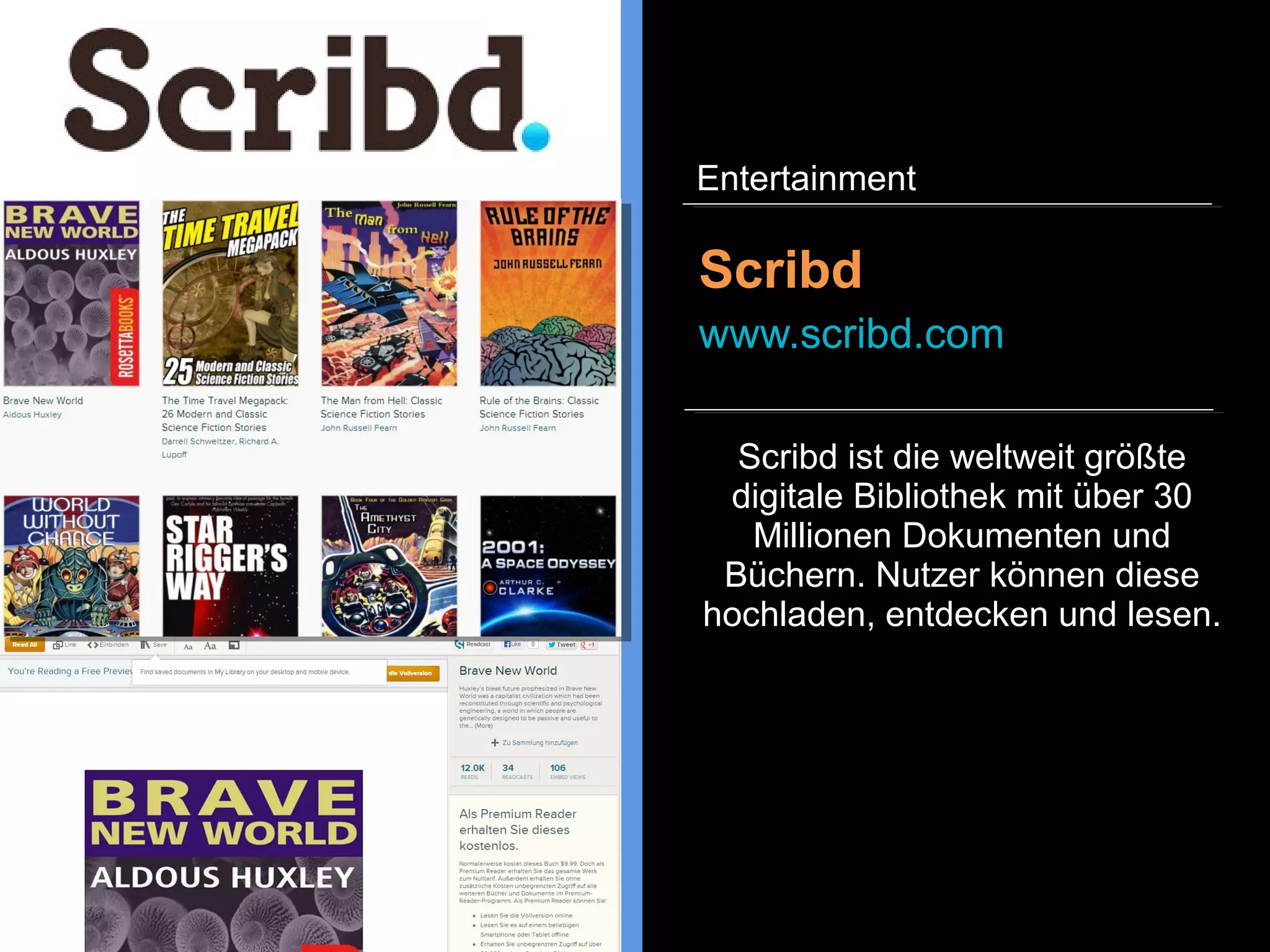 Withings produziert und vertreibt
Fitnessgadgets und weitere
elektronische Gegenstände, die
mit dem Internet verbunden sind,
wie zum Beispiel einer
Gewichtswaage, einem
Babyphone, einem Activity
Tracker und dazu passende
Apps, um die Gesundheitsdaten
auswerten lassen zu können.
Withings
www.withings.com
Entertainment
 