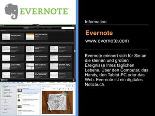 Das System von wikipedia.org
kann auch speziell für ein
Unternehmen als Glossar auf
dem eigenen Server mit
unternehmenseigenem Wissen
zwischen den Mitarbeitern geteilt
werden.
Enterprise Wiki
www.mediawiki.com
Information
 