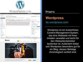 Wordpress ist ein kostenfreies
Content-Management-System,
das eine Webseite mit ihren
Inhalten verwaltet und leicht für
de...