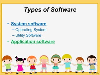 Types of Software
• System software
– Operating System
– Utility Software
• Application software
 