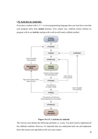 1.9) Activites in Android:-
If you have worked with C, C++ or Java programming language then you must have seen that
your program starts from main() function. Very similar way, Android system initiates its
program with in an Activity starting with a call on onCreate() callback method.
Figure No 1.9 .1 Activites in Android
The Activity class defines the following call backs i.e. events. You don't need to implement all
the callbacks methods. However, it's important that you understand each one and implement
those that ensure your app behaves the way users expect.
26
 