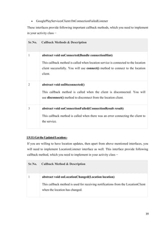 • GooglePlayServicesClient.OnConnectionFailedListener
These interfaces provide following important callback methods, which you need to implement
in your activity class −
Sr.No. Callback Methods & Description
1 abstract void onConnected(Bundle connectionHint)
This callback method is called when location service is connected to the location
client successfully. You will use connect() method to connect to the location
client.
2 abstract void onDisconnected()
This callback method is called when the client is disconnected. You will
use disconnect() method to disconnect from the location client.
3 abstract void onConnectionFailed(ConnectionResult result)
This callback method is called when there was an error connecting the client to
the service.
1.9.11)GettheUpdatedLocation:-
If you are willing to have location updates, then apart from above mentioned interfaces, you
will need to implement LocationListener interface as well. This interface provide following
callback method, which you need to implement in your activity class −
Sr.No. Callback Method & Description
1 abstract void onLocationChanged(Location location)
This callback method is used for receiving notifications from the LocationClient
when the location has changed.
39
 