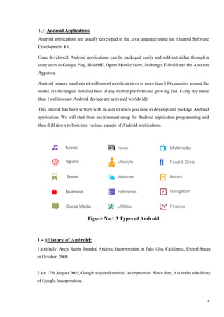 1.3)AndroidApplications
Android applications are usually developed in the Java language using the Android Software
Development Kit.
Once developed, Android applications can be packaged easily and sold out either through a
store such as Google Play, SlideME, Opera Mobile Store, Mobango, F-droid and the Amazon
Appstore.
Android powers hundreds of millions of mobile devices in more than 190 countries around the
world. It's the largest installed base of any mobile platform and growing fast. Every day more
than 1 million new Android devices are activated worldwide.
This tutorial has been written with an aim to teach you how to develop and package Android
application. We will start from environment setup for Android application programming and
then drill down to look into various aspects of Android applications.
Figure No 1.3 Types of Android
1.4 )History of Android:
1.)Initially, Andy Rubin founded Android Incorporation in Palo Alto, California, United States
in October, 2003.
2.)In 17th August 2005, Google acquired android Incorporation. Since then, it is in the subsidiary
of Google Incorporation.
4
 