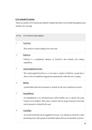2.3.1)AndroidUIControls:-
There are number of UI controls provided by Android that allow you to build the graphical user
interface for your app.
Sr.No. UI Control & Description
1 TextView
This control is used to display text to the user.
2 EditText
EditText is a predefined subclass of TextView that includes rich editing
capabilities.
3 AutoCompleteTextView
The AutoCompleteTextView is a view that is similar to EditText, except that it
shows a list of completion suggestions automatically while the user is typing.
4 Button
A push-button that can be pressed, or clicked, by the user to perform an action.
5 ImageButton
An ImageButton is an AbsoluteLayout which enables you to specify the exact
location of its children. This shows a button with an image (instead of text) that
can be pressed or clicked by the user.
6 CheckBox
An on/off switch that can be toggled by the user. You should use check box when
presenting users with a group of selectable options that are not mutually exclusive.
46
 
