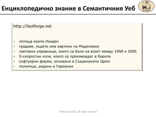 http://factforge.net
- летища около Лондон
- градове, където има картини на Модилиани
- световни управници, които са били на власт между 1998 и 2005
- 5-скоростни коли, които се произвеждат в Европа
- софтуерни фирми, основани в Съединените Щати
- политици, родени в Германия
Енциклопедично знание в Семантичния Уеб
© Mozaika 2016. All rights reserved
 