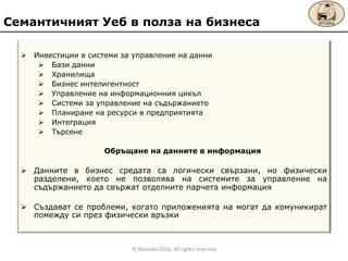  Инвестиции в системи за управление на данни
 Бази данни
 Хранилища
 Бизнес интелигентност
 Управление на информационния цикъл
 Системи за управление на съдържанието
 Планиране на ресурси в предприятията
 Интеграция
 Търсене
Обръщане на данните в информация
 Данните в бизнес средата са логически свързани, но физически
разделени, което не позволява на системите за управление на
съдържанието да свържат отделните парчета информация
 Създават се проблеми, когато приложенията на могат да комуникират
помежду си през физически връзки
Семантичният Уеб в полза на бизнеса
© Mozaika 2016. All rights reserved
 