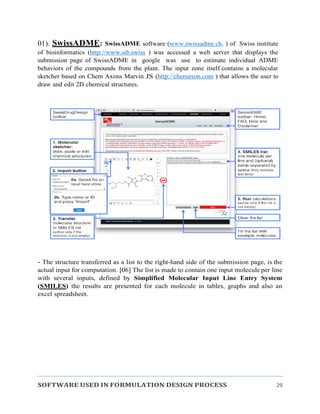 SOFTWARE USED IN FORMULATION DESIGN PROCESS 29
01). SwissADME: SwissADME software (www.swissadme.ch. ) of Swiss institute
of bioinformatics (http://www.sib.swiss ) was accessed a web server that displays the
submission page of SwissADME in google was use to estimate individual ADME
behaviors of the compounds from the plant. The input zone itself contains a molecular
sketcher based on Chem Axons Marvin JS (http://chemaxon.com ) that allows the user to
draw and edit 2D chemical structures.
- The structure transferred as a list to the right-hand side of the submission page, is the
actual input for computation. [06] The list is made to contain one input molecule per line
with several inputs, defined by Simplified Molecular Input Line Entry System
(SMILES) the results are presented for each molecule in tables, graphs and also an
excel spreadsheet.
 