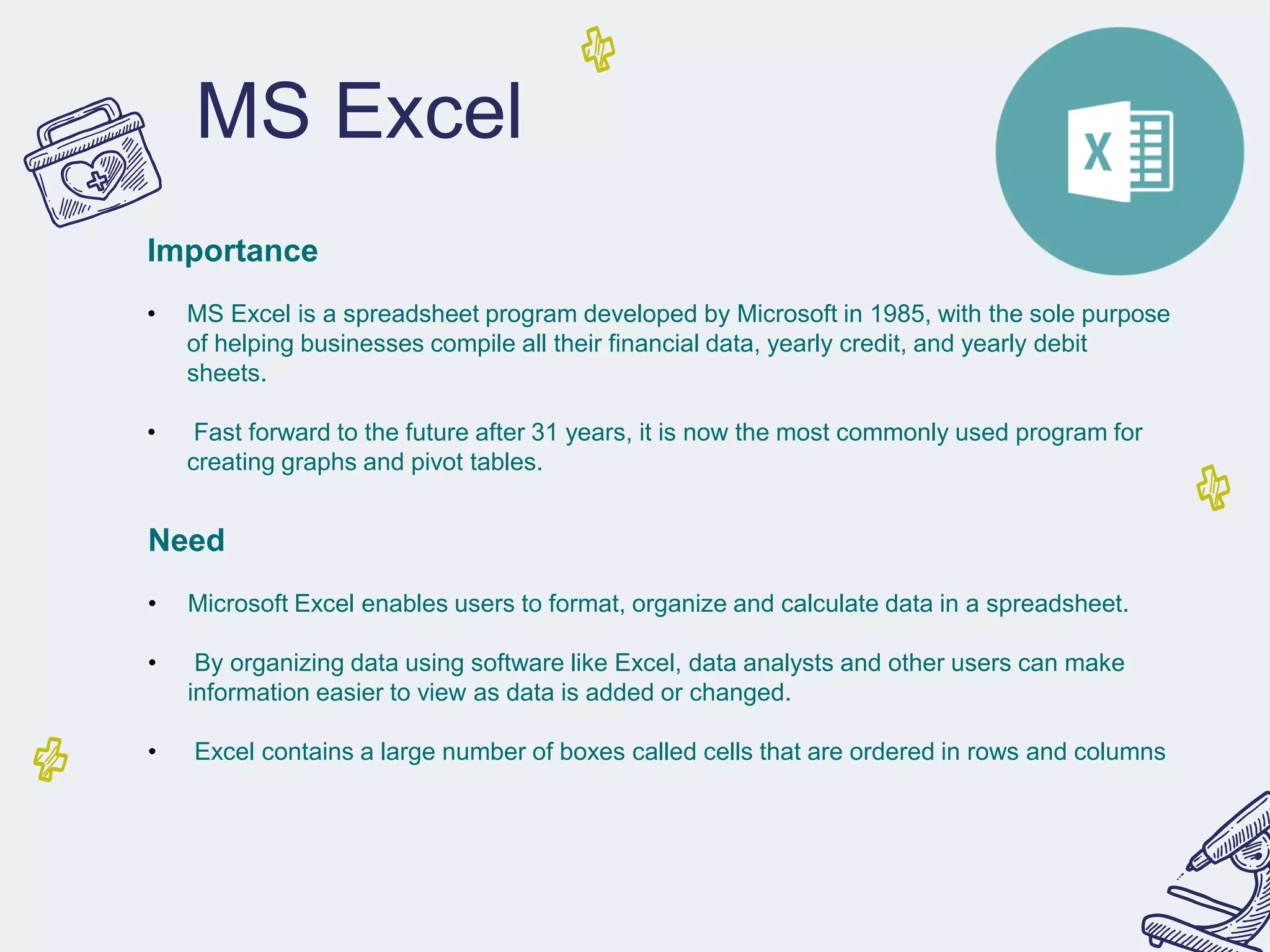 MS Excel
Importance
• MS Excel is a spreadsheet program developed by Microsoft in 1985, with the sole purpose
of helping businesses compile all their financial data, yearly credit, and yearly debit
sheets.
• Fast forward to the future after 31 years, it is now the most commonly used program for
creating graphs and pivot tables.
Need
• Microsoft Excel enables users to format, organize and calculate data in a spreadsheet.
• By organizing data using software like Excel, data analysts and other users can make
information easier to view as data is added or changed.
• Excel contains a large number of boxes called cells that are ordered in rows and columns
 