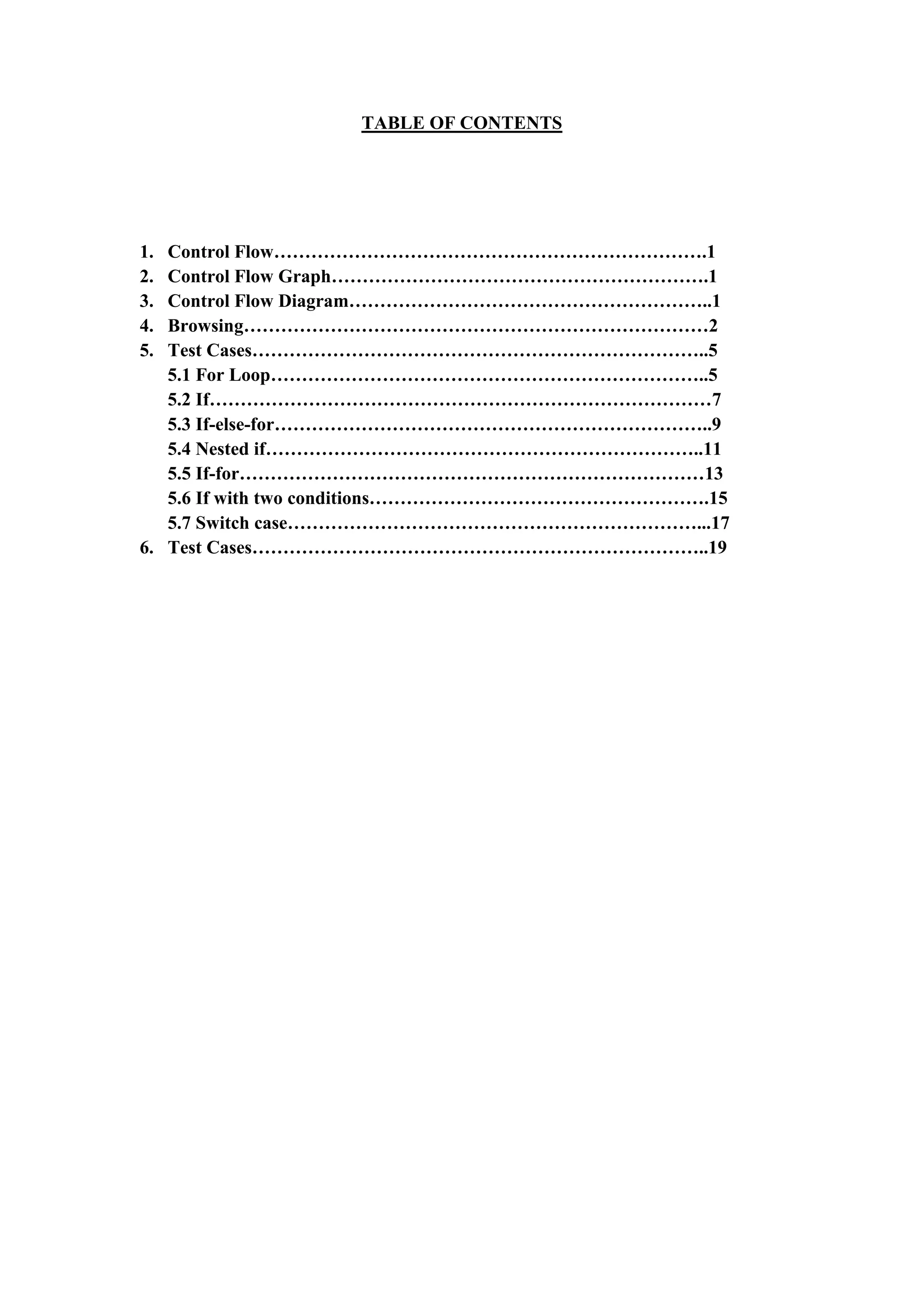 TABLE OF CONTENTS 
1. Control Flow…………………………………………………………….1 
2. Control Flow Graph…………………………………………………….1 
3. Control Flow Diagram…………………………………………………..1 
4. Browsing…………………………………………………………………2 
5. Test Cases………………………………………………………………..5 
5.1 For Loop……………………………………………………………..5 
5.2 If………………………………………………………………………7 
5.3 If-else-for……………………………………………………………..9 
5.4 Nested if……………………………………………………………..11 
5.5 If-for…………………………………………………………………13 
5.6 If with two conditions……………………………………………….15 
5.7 Switch case…………………………………………………………...17 
6. Test Cases………………………………………………………………..19 
 