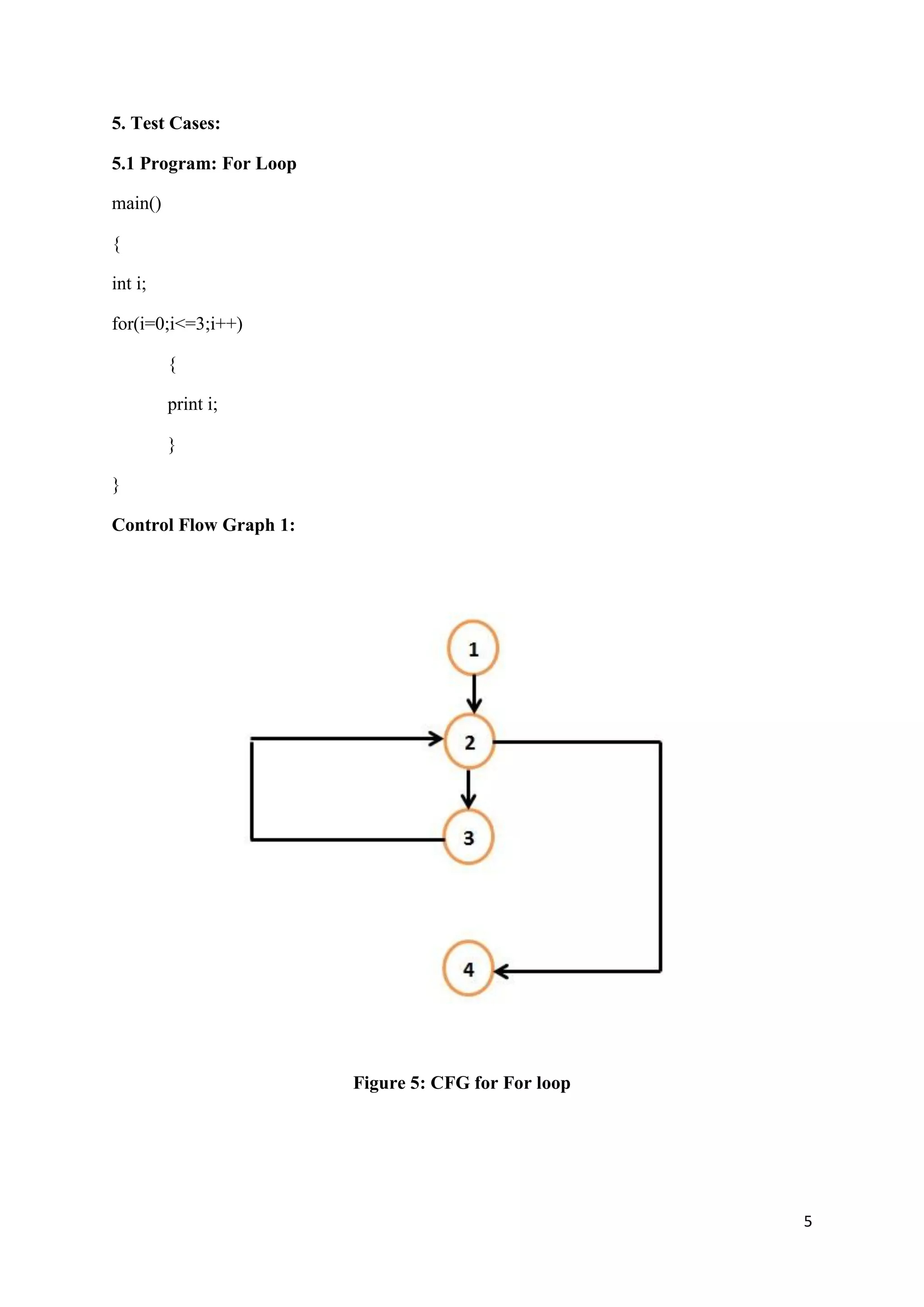 5 
5. Test Cases: 
5.1 Program: For Loop 
main() 
{ 
int i; 
for(i=0;i<=3;i++) 
{ 
print i; 
} 
} 
Control Flow Graph 1: 
Figure 5: CFG for For loop 
 