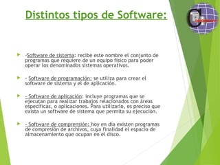 Distintos tipos de Software:
 -Software de sistema: recibe este nombre el conjunto de
programas que requiere de un equipo físico para poder
operar los denominados sistemas operativos.
 - Software de programación: se utiliza para crear el
software de sistema y el de aplicación. 
 - Software de aplicación: incluye programas que se
ejecutan para realizar trabajos relacionados con áreas
específicas, o aplicaciones. Para utilizarlo, es preciso que
exista un software de sistema que permita su ejecución.
 - Software de comprensión: hoy en día existen programas
de compresión de archivos, cuya finalidad el espacio de
almacenamiento que ocupan en el disco.
 