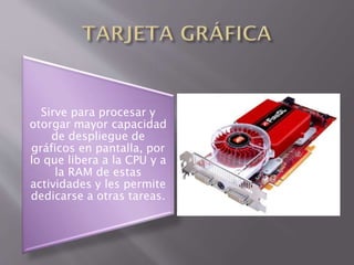 Sirve para procesar y
otorgar mayor capacidad
de despliegue de
gráficos en pantalla, por
lo que libera a la CPU y a
la RAM de estas
actividades y les permite
dedicarse a otras tareas.

 