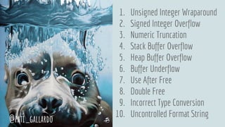 1. Unsigned Integer Wraparound
2. Signed Integer Overflow
3. Numeric Truncation
4. Stack Buffer Overflow
5. Heap Buffer Overflow
6. Buffer Underflow
7. Use After Free
8. Double Free
9. Incorrect Type Conversion
10. Uncontrolled Format String
@pati_gallardo
 