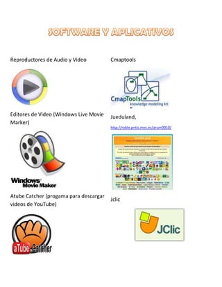 Reproductores de Audio y Video

Cmaptools

Editores de Video (Windows Live Movie
Marker)

Jueduland,
http://roble.pntic.mec.es/arum0010/

Atube Catcher (progama para descargar
videos de YouTube)

Jclic

 