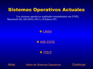 Sistemas Operativos Actuales
        Los sistemas operativos empleados normalmente son UNIX,
Macintosh OS, MS-DOS, OS/2 y Windows-NT.




                               UNIX

                             MS-DOS

                               OS/2


Atrás           Índice de Sistemas Operativos            Continuar
 