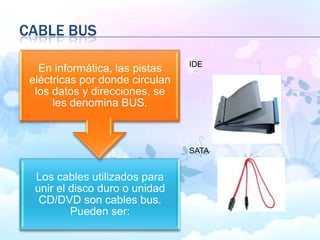 CABLE BUS
IDE
SATA
Los cables utilizados para
unir el disco duro o unidad
CD/DVD son cables bus.
Pueden ser:
En informática, las pistas
eléctricas por donde circulan
los datos y direcciones, se
les denomina BUS.
 