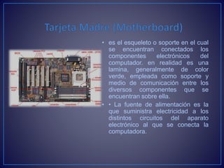 • es el esqueleto o soporte en el cual
se encuentran conectados los
componentes electrónicos del
computador. en realidad es una
lamina, generalmente de color
verde, empleada como soporte y
medio de comunicación entre los
diversos componentes que se
encuentran sobre ella.
• • La fuente de alimentación es la
que suministra electricidad a los
distintos circuitos del aparato
electrónico al que se conecta la
computadora.
 