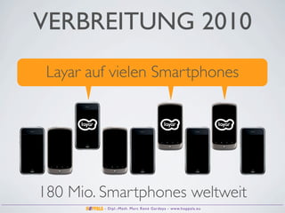 VERBREITUNG 2010
 Layar auf vielen Smartphones




180 Mio. Smartphones weltweit
         - Dipl.-Math. Marc René Gardeya - www.hoppala.eu
 