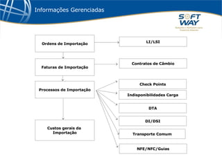 Informações Gerenciadas Check Points Processos de Importação Ordens de Importação LI/LSI Faturas de Importação Contratos de Câmbio Indisponibilidades Carga DTA NFE/NFC/Guias Custos gerais da  Importação DI/DSI Transporte Comum 