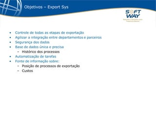 Objetivos – Export Sys Controle de todas as etapas de exportação Agilizar a integração entre departamentos e parceiros Segurança dos dados Base de dados única e precisa  Histórico dos processos Automatização de tarefas  Fonte de informação sobre: Posição de processos de exportação Custos  