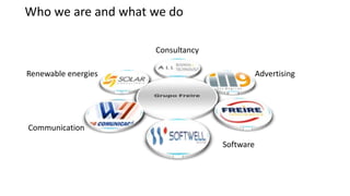 Who we are and what we do

                     Consultancy

Renewable energies                            Advertising




Communication
                                   Software
 