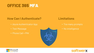 OFFICE 365 MFA
How Can I Authenticate?
• Azure Authenticator App
• Text Message
• Phone Call + PIN
Limitations
• Too many prompts
• No intelligence
 