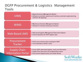 • Upazila Inventory Management System
      UIMS           • Software to maintain upazila store inventory, automate supply planning,
                       and Form 7B reporting



                     • Warehouse Inventory Management System
      WIMS           • Software to maintain warehouse inventory



                     • Web-based Logistics Management Information System
Web-Based LMIS       • Central repository for DGFP logistics data



  Procurement        • Online procurement status tracking for DGFP

     Tracker         • To be extended to DGHS in 2011



   Supply Chain      • Access DGFP web-based logistics tools and information
                     • Supply Chain Discussion Forum/News/Documents
Information Portal   • Procurement Opportunities and Tender Results
 