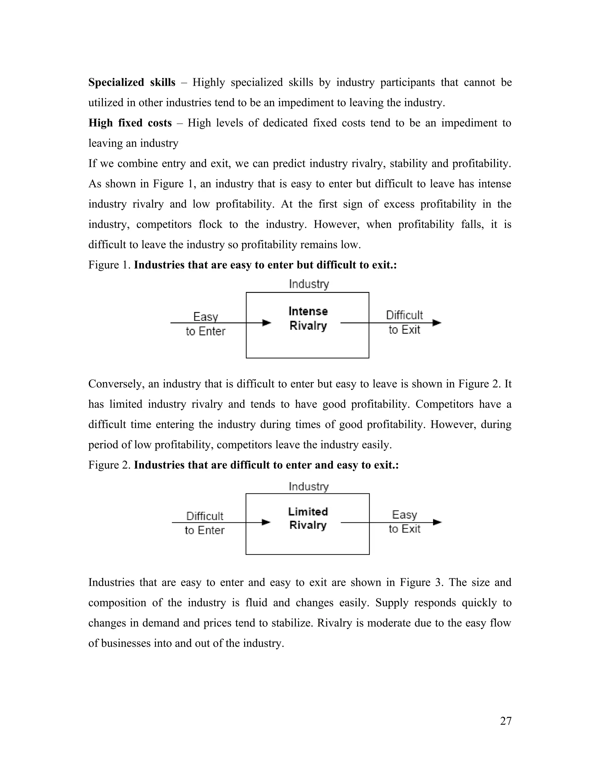Specialized skills – Highly specialized skills by industry participants that cannot be
utilized in other industries tend to be an impediment to leaving the industry.
High fixed costs – High levels of dedicated fixed costs tend to be an impediment to
leaving an industry
If we combine entry and exit, we can predict industry rivalry, stability and profitability.
As shown in Figure 1, an industry that is easy to enter but difficult to leave has intense
industry rivalry and low profitability. At the first sign of excess profitability in the
industry, competitors flock to the industry. However, when profitability falls, it is
difficult to leave the industry so profitability remains low.
Figure 1. Industries that are easy to enter but difficult to exit.:




Conversely, an industry that is difficult to enter but easy to leave is shown in Figure 2. It
has limited industry rivalry and tends to have good profitability. Competitors have a
difficult time entering the industry during times of good profitability. However, during
period of low profitability, competitors leave the industry easily.
Figure 2. Industries that are difficult to enter and easy to exit.:




Industries that are easy to enter and easy to exit are shown in Figure 3. The size and
composition of the industry is fluid and changes easily. Supply responds quickly to
changes in demand and prices tend to stabilize. Rivalry is moderate due to the easy flow
of businesses into and out of the industry.




                                                                                          27
 