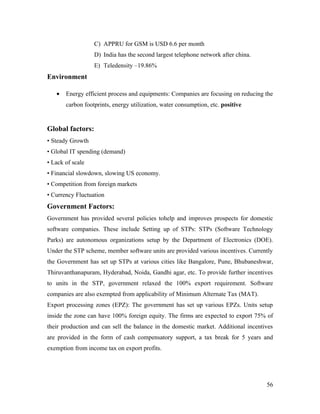 C) APPRU for GSM is USD 6.6 per month
                  D) India has the second largest telephone network after china.
                  E) Teledensity –19.86%
Environment

   •   Energy efficient process and equipments: Companies are focusing on reducing the
       carbon footprints, energy utilization, water consumption, etc. positive


Global factors:
• Steady Growth
• Global IT spending (demand)
• Lack of scale
• Financial slowdown, slowing US economy.
• Competition from foreign markets
• Currency Fluctuation
Government Factors:
Government has provided several policies tohelp and improves prospects for domestic
software companies. These include Setting up of STPs: STPs (Software Technology
Parks) are autonomous organizations setup by the Department of Electronics (DOE).
Under the STP scheme, member software units are provided various incentives. Currently
the Government has set up STPs at various cities like Bangalore, Pune, Bhubaneshwar,
Thiruvanthanapuram, Hyderabad, Noida, Gandhi agar, etc. To provide further incentives
to units in the STP, government relaxed the 100% export requirement. Software
companies are also exempted from applicability of Minimum Alternate Tax (MAT).
Export processing zones (EPZ): The government has set up various EPZs. Units setup
inside the zone can have 100% foreign equity. The firms are expected to export 75% of
their production and can sell the balance in the domestic market. Additional incentives
are provided in the form of cash compensatory support, a tax break for 5 years and
exemption from income tax on export profits.




                                                                                    56
 