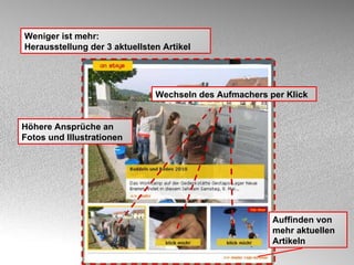 Weniger ist mehr: Herausstellung der 3 aktuellsten Artikel Wechseln des Aufmachers per Klick Höhere Ansprüche an Fotos und Illustrationen Auffinden von mehr aktuellen Artikeln 