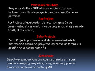 Proyectos Net Easy.
 Proyectos de Easy NET ofrece características que
 incluyen plantillas de proyecto, auto asignación de los
 permisos
                          AceProject
AceProject ofrece gestión de recursos, gestión de
tareas, estadísticas e informes de proyectos, diagramas de
Gantt, el calendario,

                      Zoho Projects
 Zoho Projects proporciona el almacenamiento de la
 información básica del proyecto, así como las tareas y la
 gestión de la documentación

                       . DeskAway
DeskAway proporciona una cuenta gratuita en la que
puedes manejar 3 proyectos, con 5 usuarios y puedes
almacenar archivos de hasta 25MB
 
