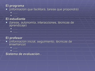 El programa   (información que facilitará, tareas que propondrá) … .. … .. El estudiante  (tareas, autonomía, interacciones, técnicas de aprendizaje) … .. … .. El profesor  (información inicial, seguimiento, técnicas de enseñanza)   … .. … .. Sistema de evaluación   . 