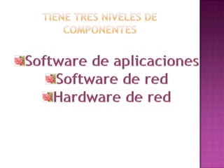 Tiene tres niveles de componentesSoftware de aplicacionesSoftware de redHardware de red