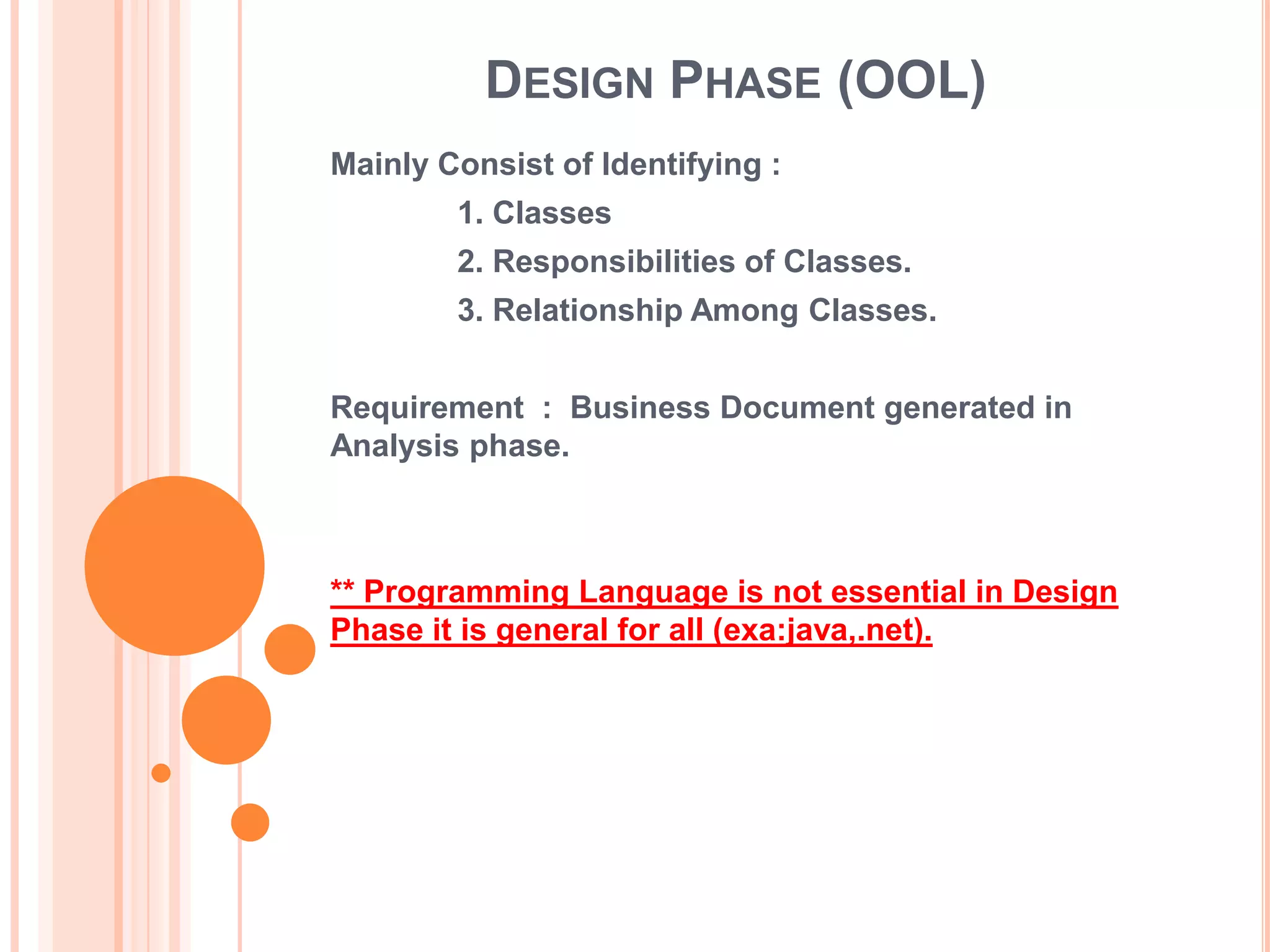 DESIGN PHASE (OOL)
Mainly Consist of Identifying :
        1. Classes
        2. Responsibilities of Classes.
        3. Relationship Among Classes.


Requirement : Business Document generated in
Analysis phase.



** Programming Language is not essential in Design
Phase it is general for all (exa:java,.net).
 
