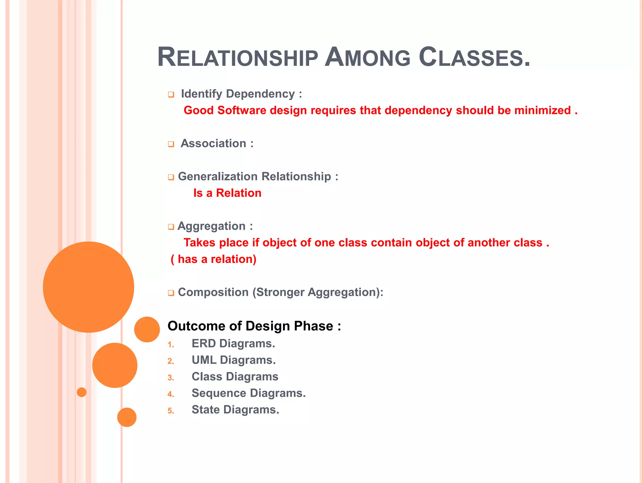 RELATIONSHIP AMONG CLASSES.
    Identify Dependency :
      Good Software design requires that dependency should be minimized .

    Association :

    Generalization Relationship :
       Is a Relation

 Aggregation :
   Takes place if object of one class contain object of another class .
( has a relation)

    Composition (Stronger Aggregation):

Outcome of Design Phase :
1.     ERD Diagrams.
2.     UML Diagrams.
3.     Class Diagrams
4.     Sequence Diagrams.
5.     State Diagrams.
 