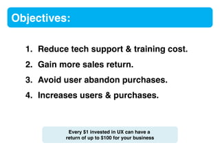 Objectives:
1. Reduce tech support & training cost.
2. Gain more sales return.
3. Avoid user abandon purchases.
4. Increases users & purchases.
Every $1 invested in UX can have a
return of up to $100 for your business
 