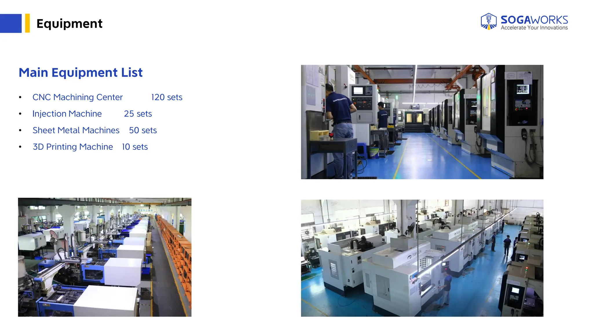 Equipment
Main Equipment List
• CNC Machining Center 120 sets
• Injection Machine 25 sets
• Sheet Metal Machines 50 sets
• 3D Printing Machine 10 sets
 