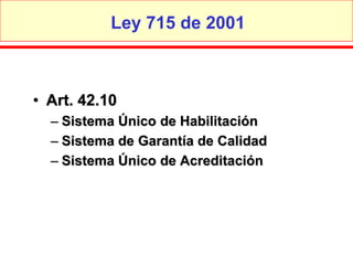 Ley 715 de 2001



• Art. 42.10
  – Sistema Único de Habilitación
  – Sistema de Garantía de Calidad
  – Sistema Único de Acreditación
 