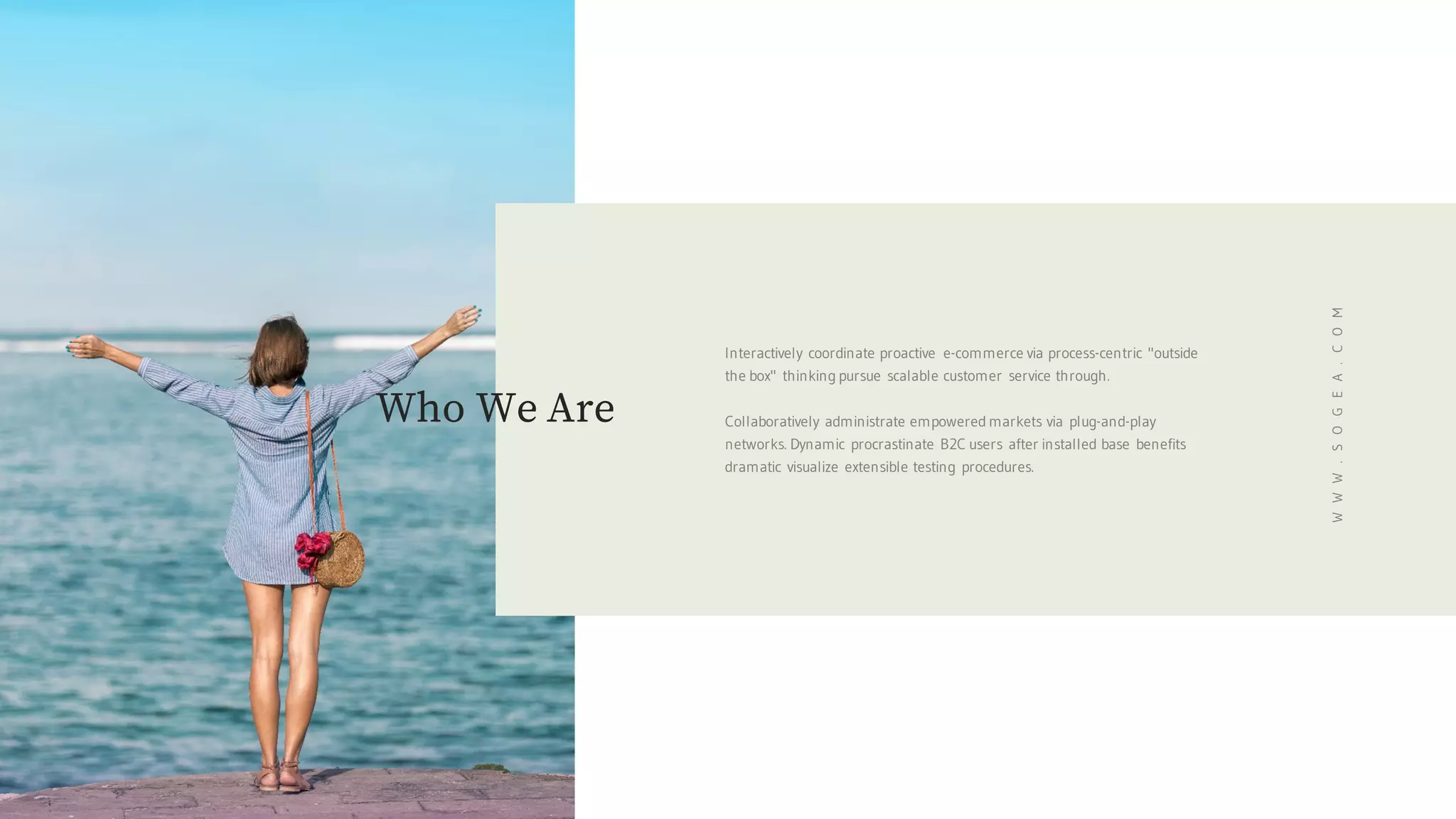 Interactively coordinate proactive e-commerce via process-centric "outside
the box" thinking pursue scalable customer service through.
Collaboratively administrate empowered markets via plug-and-play
networks. Dynamic procrastinate B2C users after installed base benefits
dramatic visualize extensible testing procedures.
WWW.SOGEA.COM
Who We Are
 