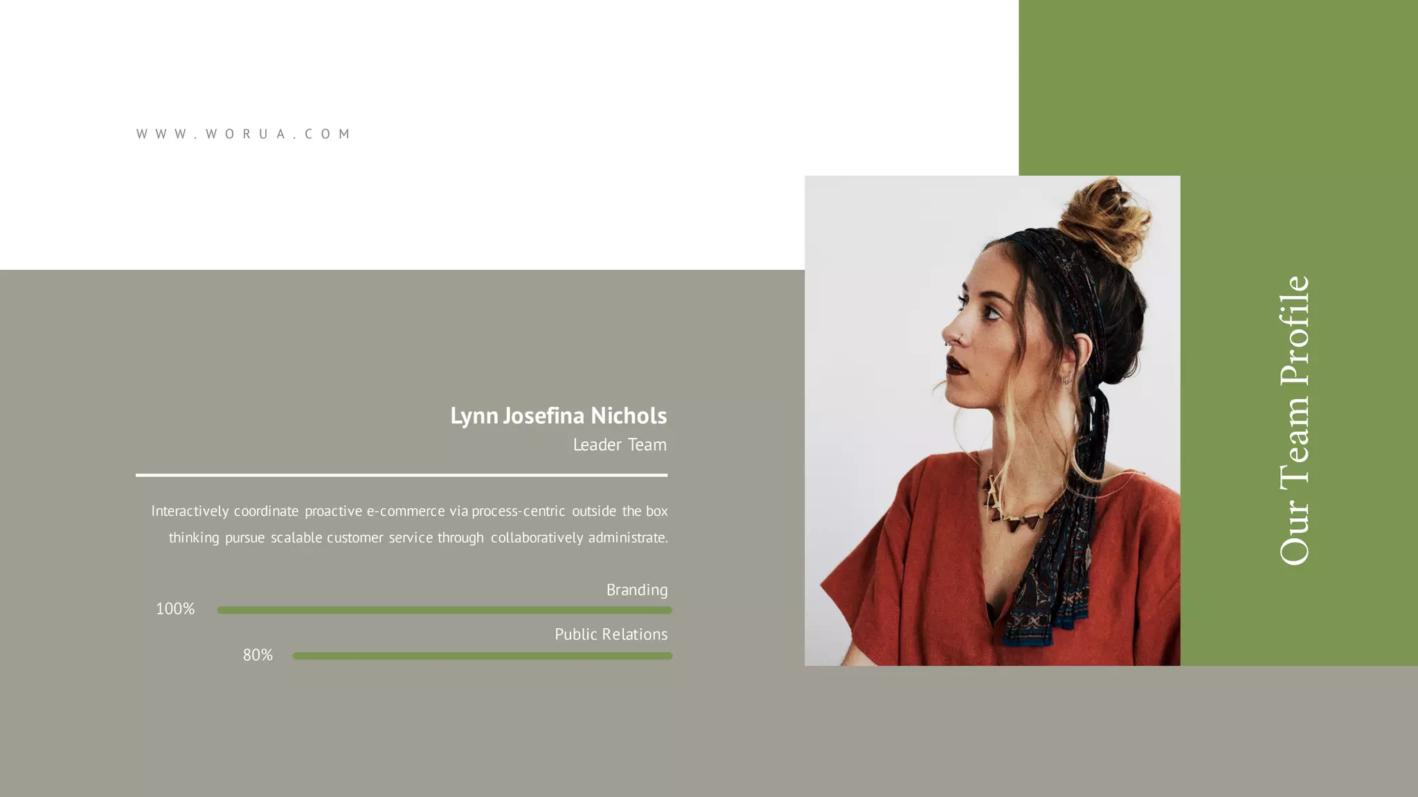 Leader Team
Lynn Josefina Nichols
Interactively coordinate proactive e-commerce via process-centric outside the box
thinking pursue scalable customer service through collaboratively administrate.
Public Relations
Branding
100%
80%
OurTeamProfile
W W W . W O R U A . C O M
 
